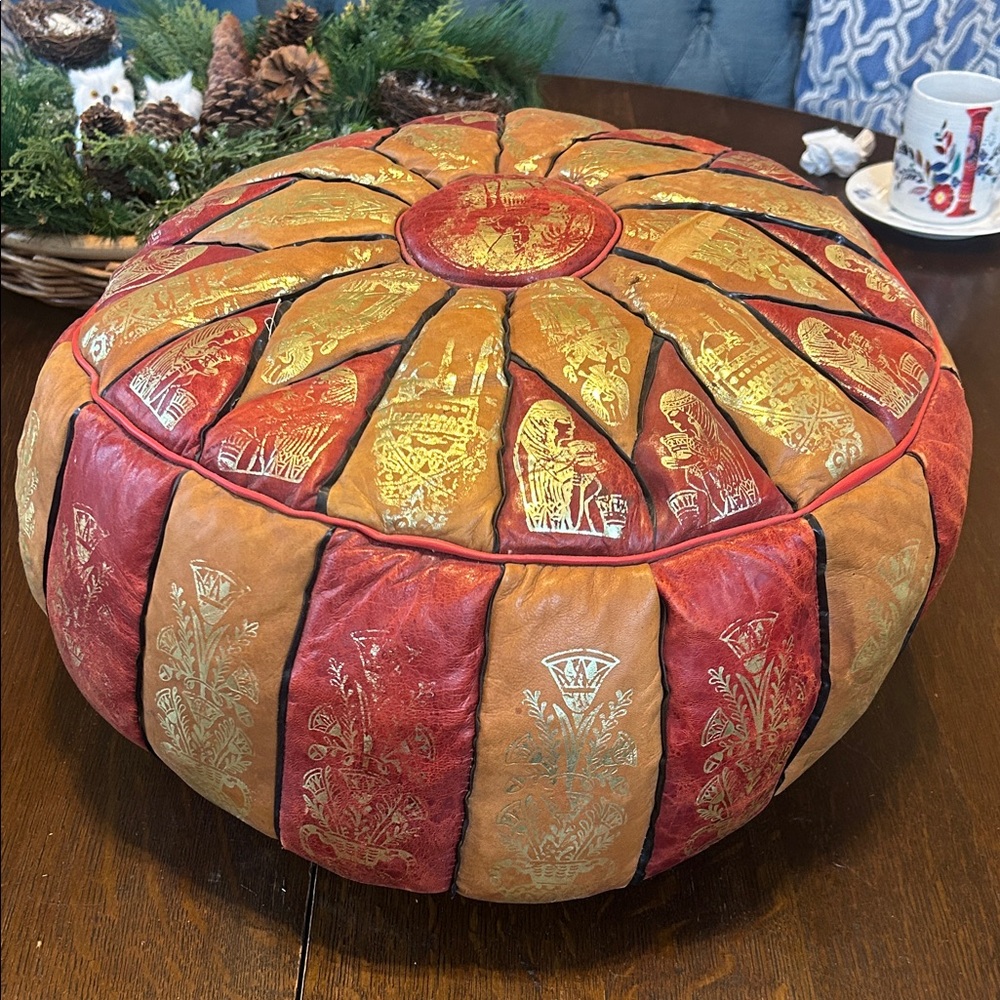 Vintage Round Moroccan-style Leather Floor Pouf Ottoman in Red and Tan